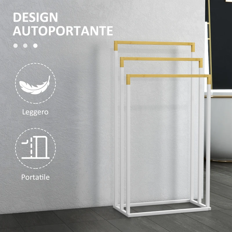 kleankin Portasciugamani Autoportante a 3 Sbarre in Bambù e Acciaio, 45x22.5x86 cm, Bianco e Color Legno