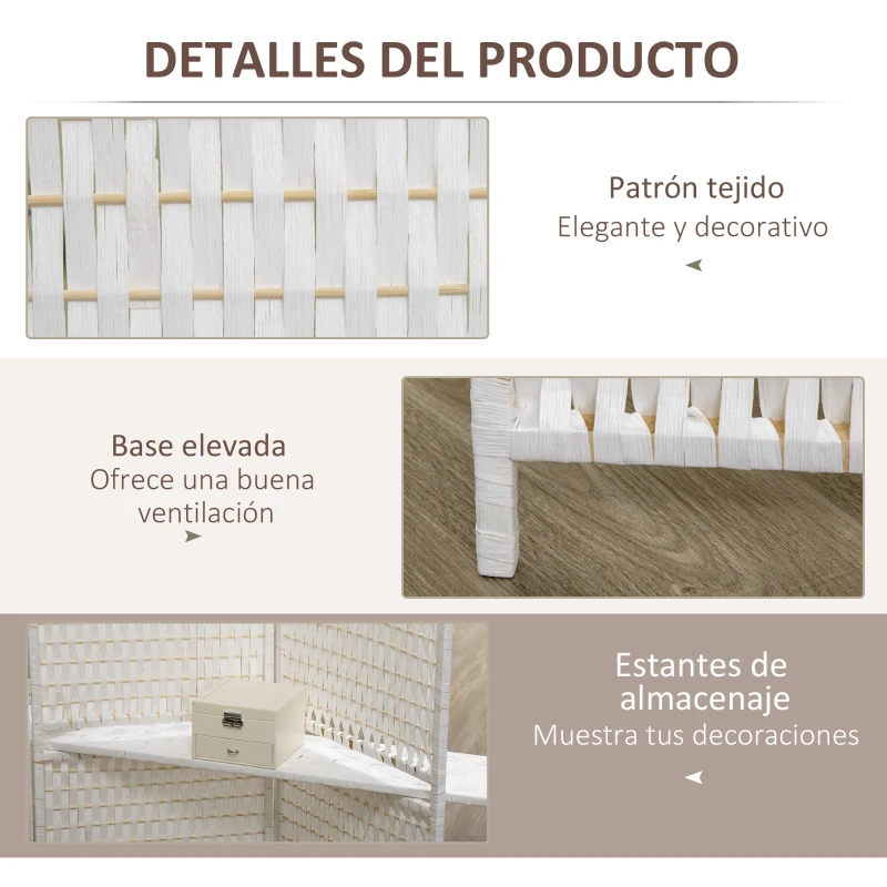 HOMCOM Biombo Separador de Ambientes Plegable con 2 Estantes de Madera de Pino y Fibra de Papel 181x180 cm Blanco