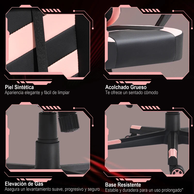 Vinsetto Silla Gaming Altura Regulable Basculante con Reposacabezas Cojín Lumbar 61x70x121-129 cm Rosa