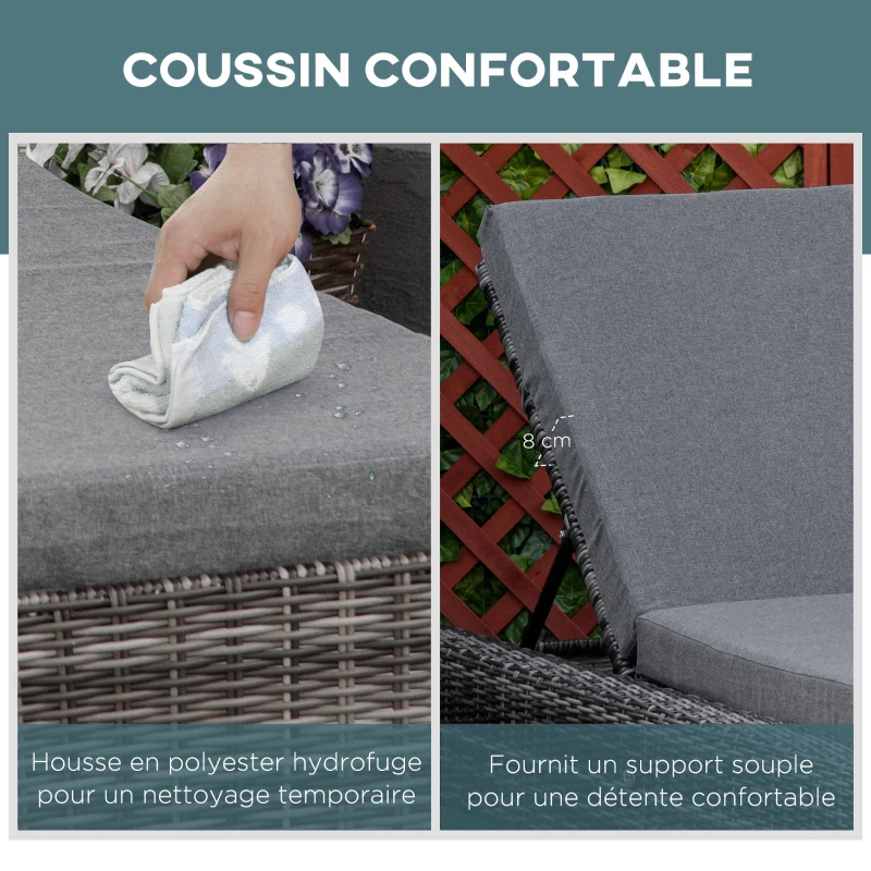 Outsunny Bain de soleil transat grand confort matelas inclinaison réglable multipositions résine tressée grise