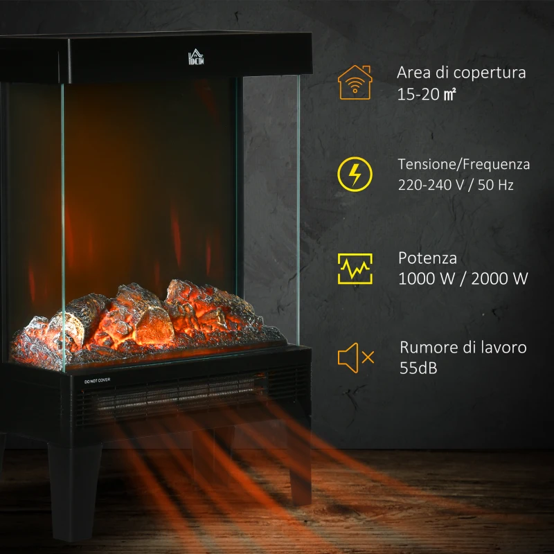 HOMCOM Camino Elettrico 1000W / 2000W con Fiamma LED Realistica e Controllo Temperatura, 40.5x20x62 cm, Nero