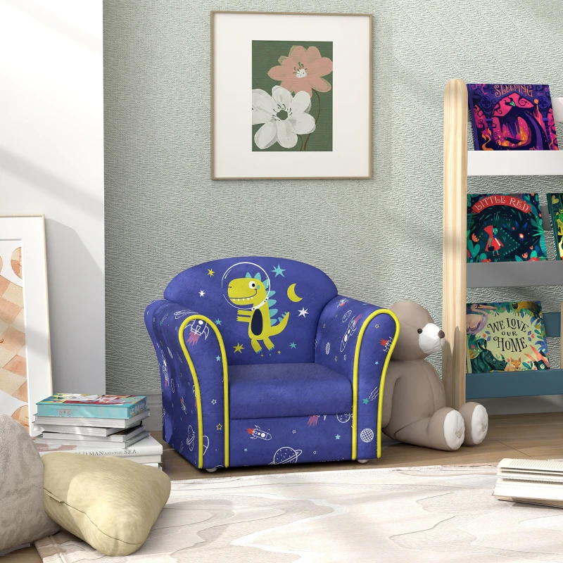 AIYAPLAY Kids Armchair with Planet Dinosaurs Design, Wooden Frame, for Bedroom, Playroom, Kids Room - Blue