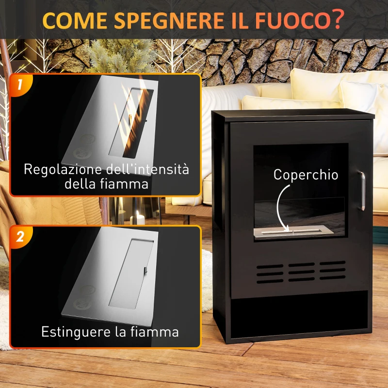 HOMCOM Camino a Bioetanolo Autoportante con Bruciatore da 0.9L e Durata 3.3 Ore, 44x28x68 cm, Nero