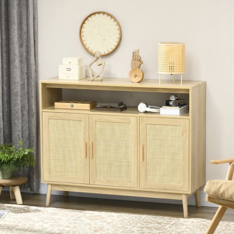 HOMCOM Aparador de Estilo Cannage Mueble Buffet Auxiliar con Puertas de Rejilla y Patas de Madera 120x40x97cm Natural