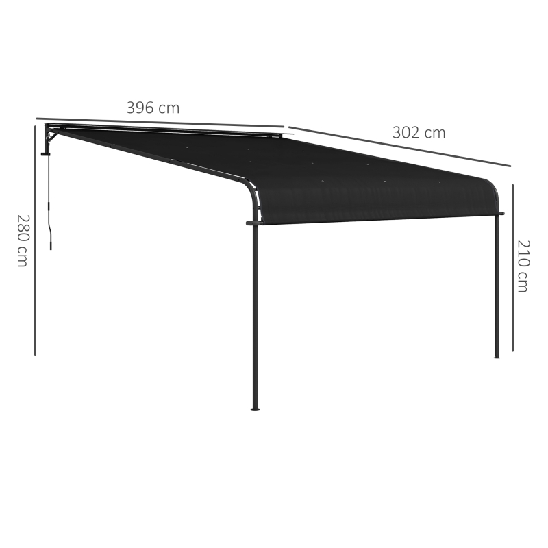 Outsunny Pergola Addossata 3x4 m con Tettoia Retrattile e Manovella, in Acciaio e Poliestere, Grigio Scuro