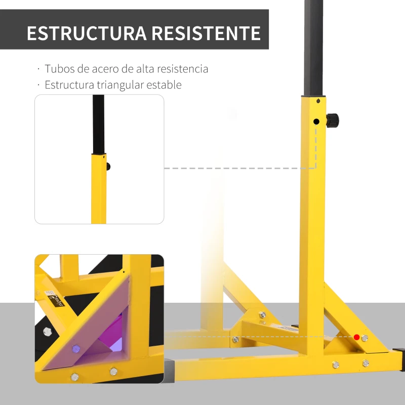 HOMCOM Estación Dip de Musculación Tipo Barras con Altura Ajustable Soporte para Entrenar Abdominales Espalda Peso Máximo de 100 kg 66x75x83-119 cm Amarillo