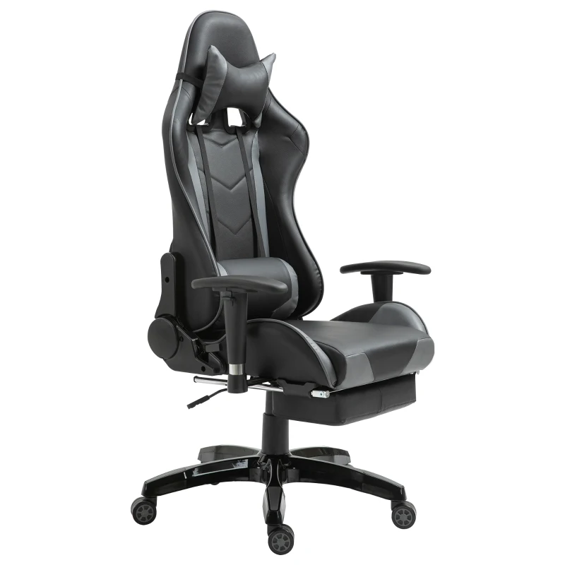 HOMCOM Gaming Chair, Computer Desk Chair with Footrest, PU Leather Ergonomic Office Chair with 180° Reclining Back, Lumbar Cushion, Headrest & Height Adjustable Armrest, Black and Red, Grey