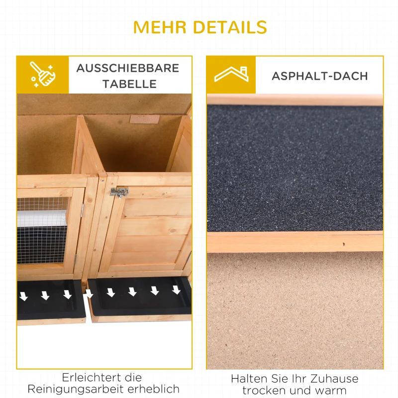 PawHut Kleintierstall Kleintierkäfig mit Bodenwanne Kleintierhaus mit Asphaltdach und Futtertrog Outdoor Indoor Tannenholz Natur+Schwarz 112 x 50 x 54 cm