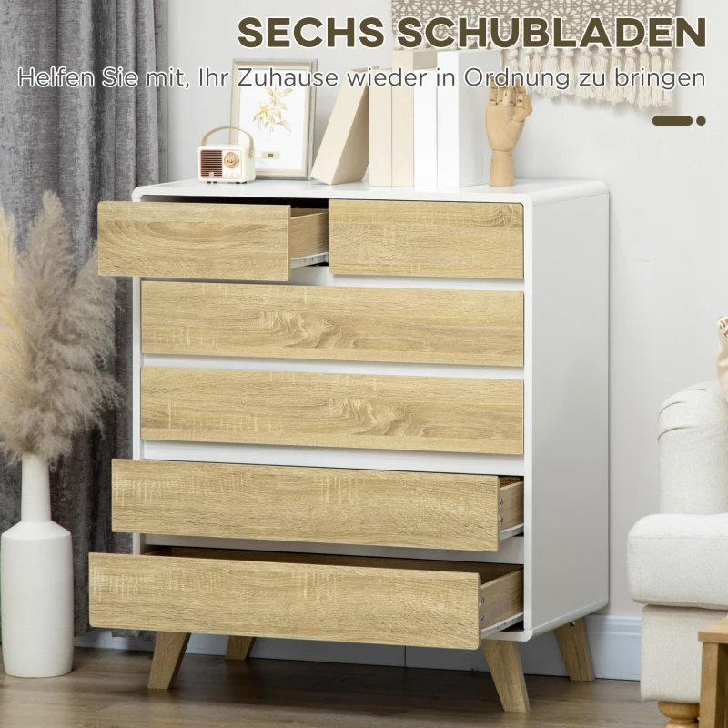 HOMCOM Kommode, Sideboard, 6 Schubladen, minimalistisches Design, weiß+holz, 80 x 40 x 95 cm