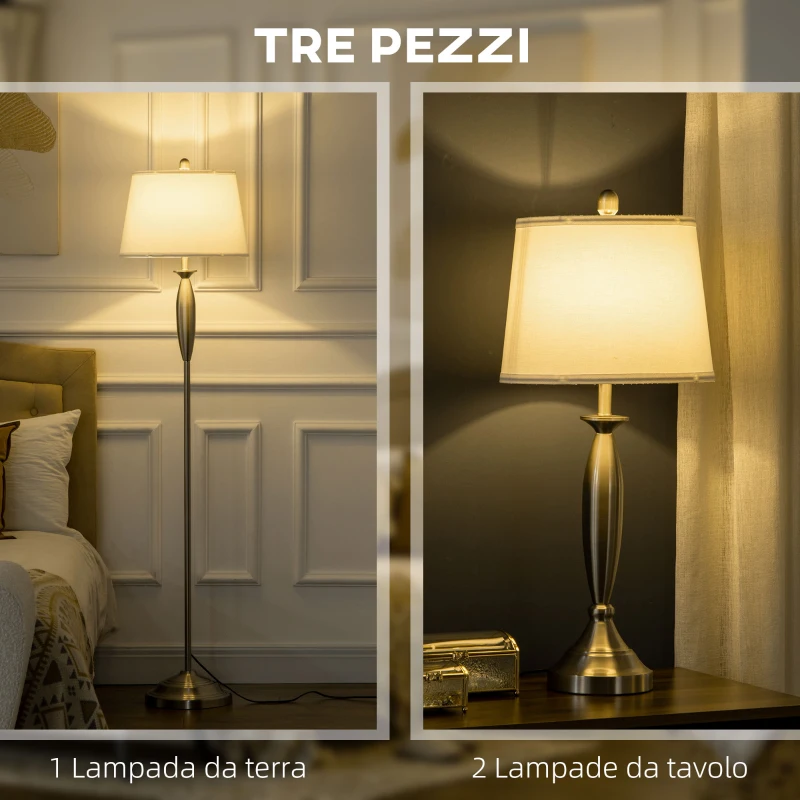 HOMCOM Set con Lampada da Terra e Lampada da Tavolo in Acciaio e Tessuto, Bianco e Argento
