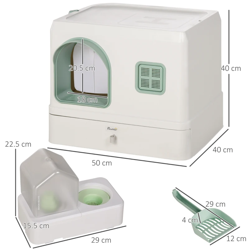 PawHut Lettiera Coperta per Gatti e Fontanella, Vassoio e paletta 50x40x40cm, Verde e Bianca