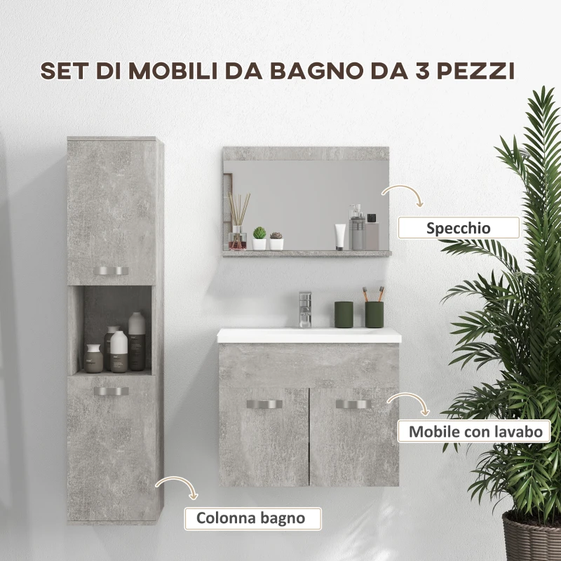kleankin Set Mobili Bagno da 4 Pezzi con Lavabo da 60cm, Mobiletto, Colonna Bagno e Specchiera in Legno, Grigio