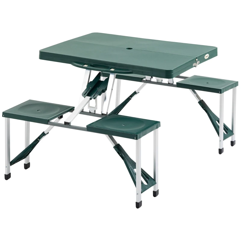 Outsunny Mesa Maleta de Camping Plegable Portátil 4 Asientos y Agujero Sombrilla Estructura Aluminio Playa Picnic 135.5x84.5x66cm (Verde)