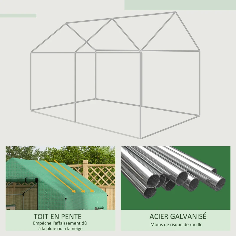 Outsunny Serre de jardin tunnel 2 x 3m, 6m² avec porte enroulable, 4 fenêtres, - Acier galvanisé PE Haute densité Vert