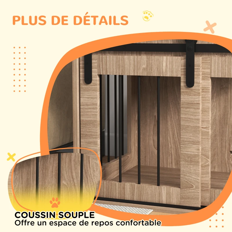 PawHut Cage caisse pour chien animaux intérieur porte coulissante, métal effet bois, dim. 57H x 80L x 54l cm