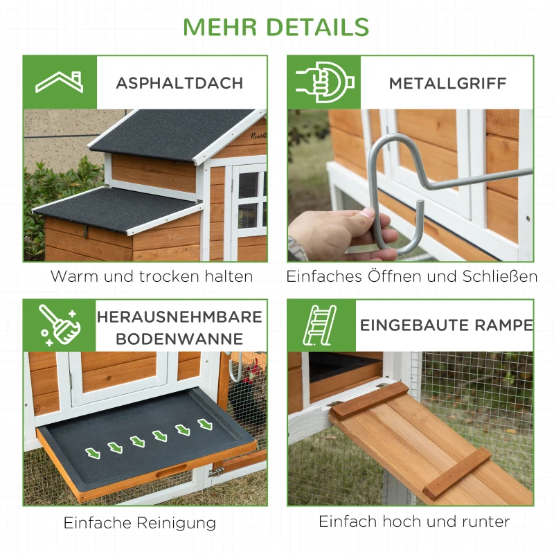 PawHut Zwerghühnerstall Zwerghühnerhaus mit Nistkasten Rampe Zwerghühnervoliere mit Auslauf Asphaltdach 2 Ebenen XXL winterfest sitzstange Tannenholz Stahl 192,7 x 78,9 x 111 cm