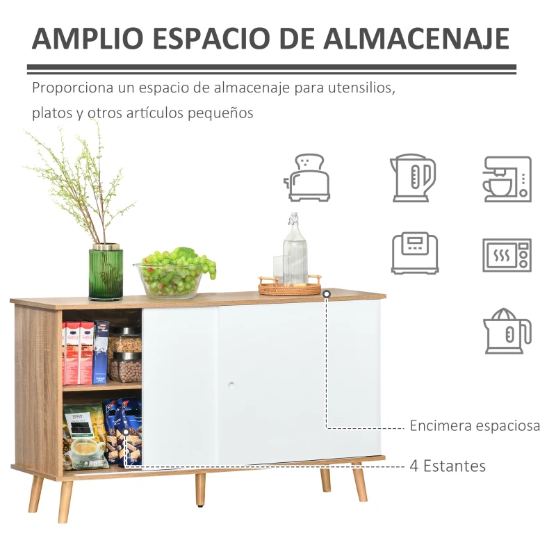 HOMCOM Aparador de Cocina con 2 Puertas Correderas Estantes Ajustables y Patas de Madera 130x40x74,5 cm Natural y Blanco