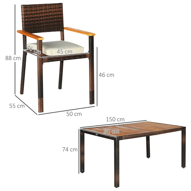 Outsunny Ensemble de table et 6 chaises de jardin en résine tressée avec coussins d'assise et plateau table en bois d'acacia - marron