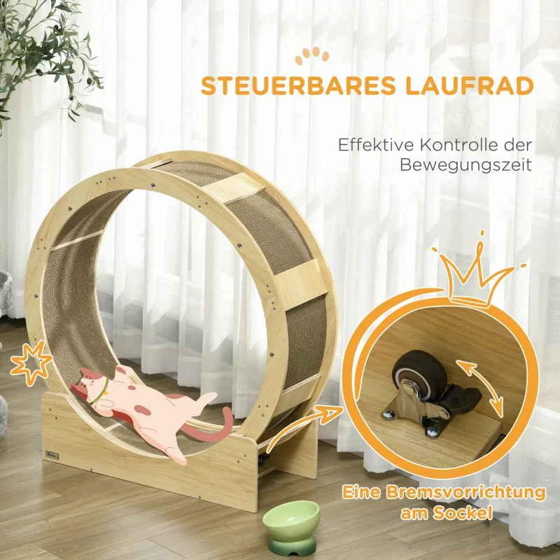 PawHut Katzenlaufrad 91 cm Katzenrad 91 cm mit Bremse, Kratzbrett, Eiche(m-6)
