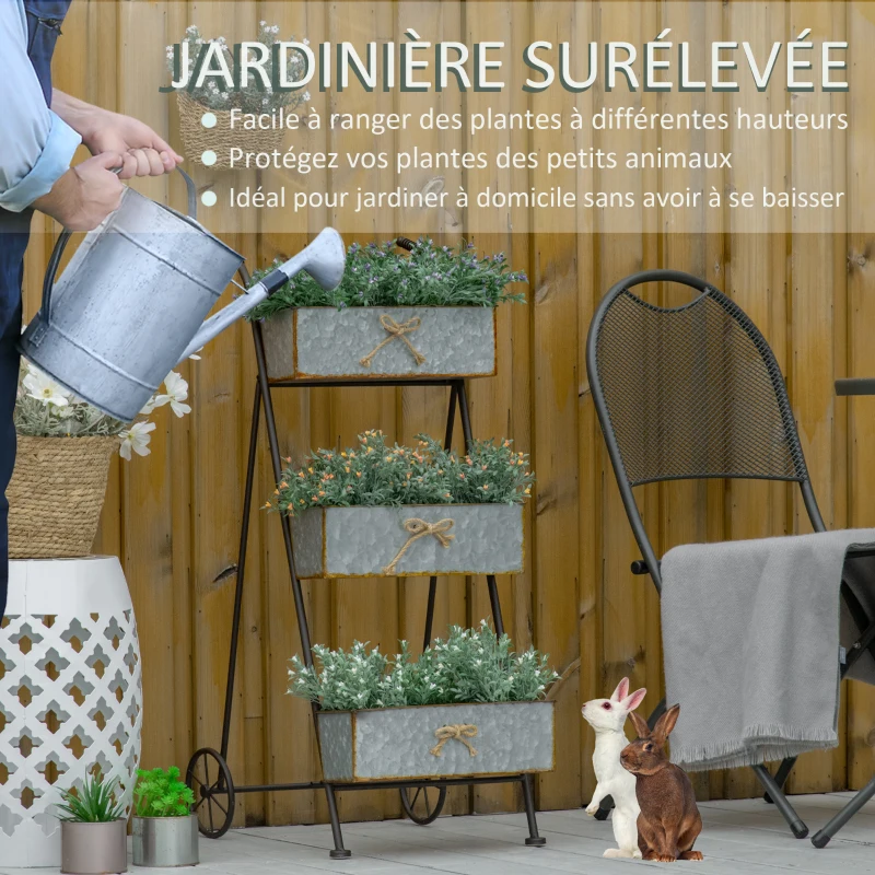 Outsunny Jardinière Chariot sur Pied 3 Niveaux Style Rural Chic - Pliable - 2 poignées et Roues - nœuds de Corde métal martelé Effet Vieilli
