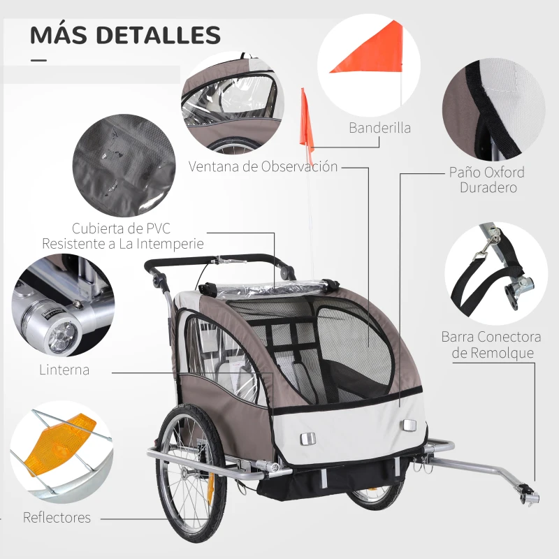 HOMCOM Remolque Infantil 2 Plazas para Bicicleta 2en1 Convertible en Carrito con Reflectores Cinturón 5 puntos Beige y Marrón
