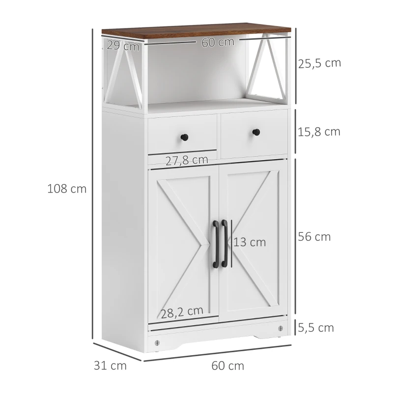 HOMCOM Mueble Auxiliar de Almacenaje con Estantes y Cajones Diseño Clásico para Salón Cocina o Dormitorio 60x31x108 cm Blanco