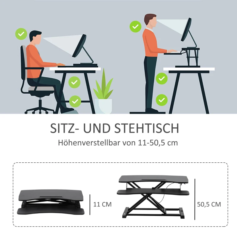 Vinsetto Steh-Sitz Schreibtisch Computertisch Stehpult Standtisch Schreibtisch höhenverstellbar Erhöhung Tischaufsatz ergonomisch Design MDF Metall Schwarz 85 x 71 x 11-50,5 cm