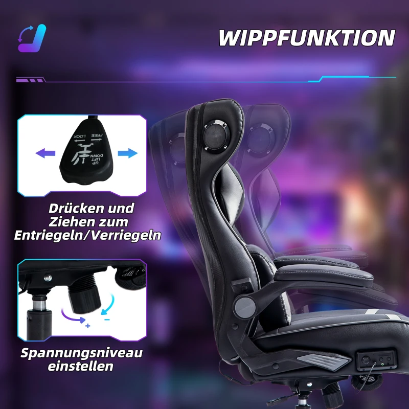 Vinsetto Gaming Stuhl mit Schaukelfunktion und Lautsprecher, Lenden- und Nackenstütze, für Spielzimmer, Kunstleder, Grau+Schwarz
