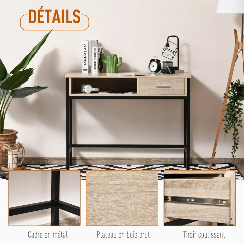 HOMCOM Bureau avec rangement table bureau Industriel bureau ordinateur avec tiroir châssis métal Noir Plateau bois chêne Clair