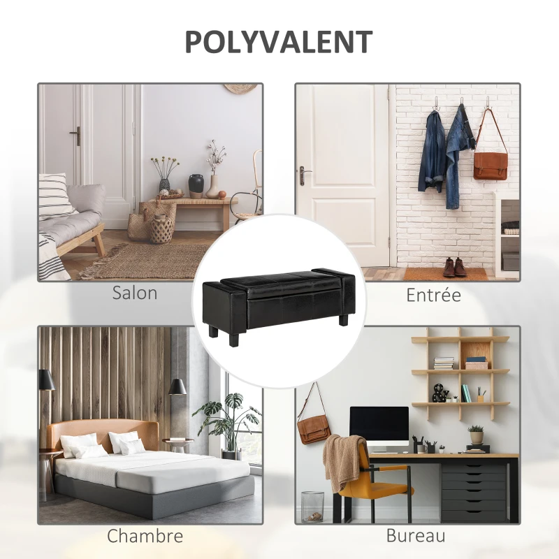 HOMCOM Banc de rangement, coffre de rangement avec couvercle, bout de lit en polyuréthane côtelé pour salon, chambre, entrée, 106 x 40 x 40 cm, noir