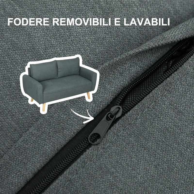 HOMCOM Divano 2 Posti Salvaspazio con Cuscini per Schienale, in Tessuto Effetto Velluto e Legno, 145x75x78 cm, Grigio