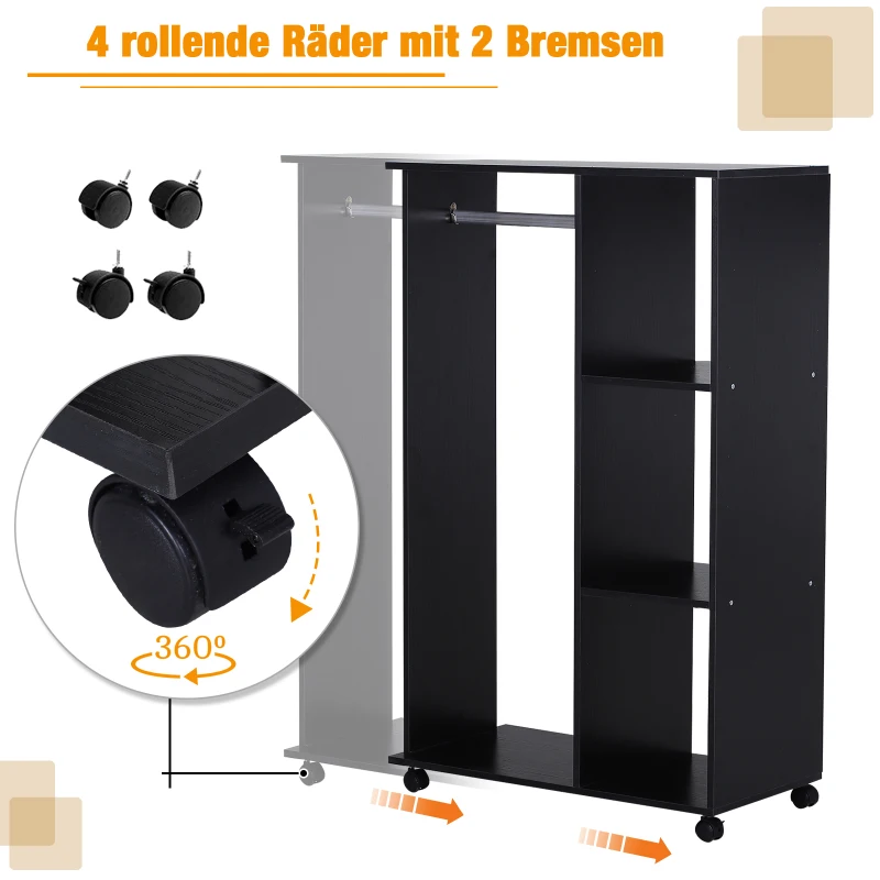 HOMCOM Kleiderschrank auf Rollen, mobile Garderobe, Garderobenschrank, Rollbarer Kleiderständer, 80 x 40 x 128 cm, Schwarz