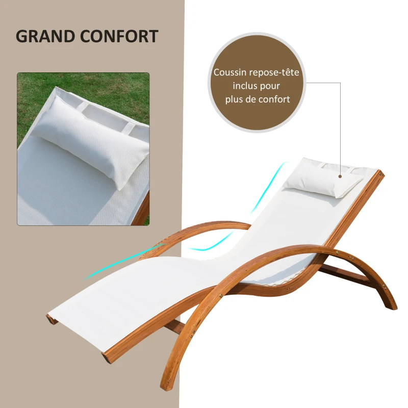Outsunny Transat Chaise Longue Design Style Tropical Bois Massif Naturel Coloris Beige Blanc