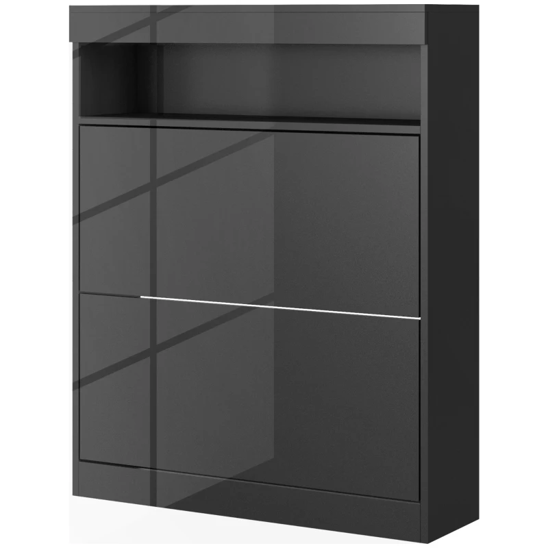 HOMCOM 16 Shoe Pair Storage Cabinet, with Flip Doors - High Gloss Black