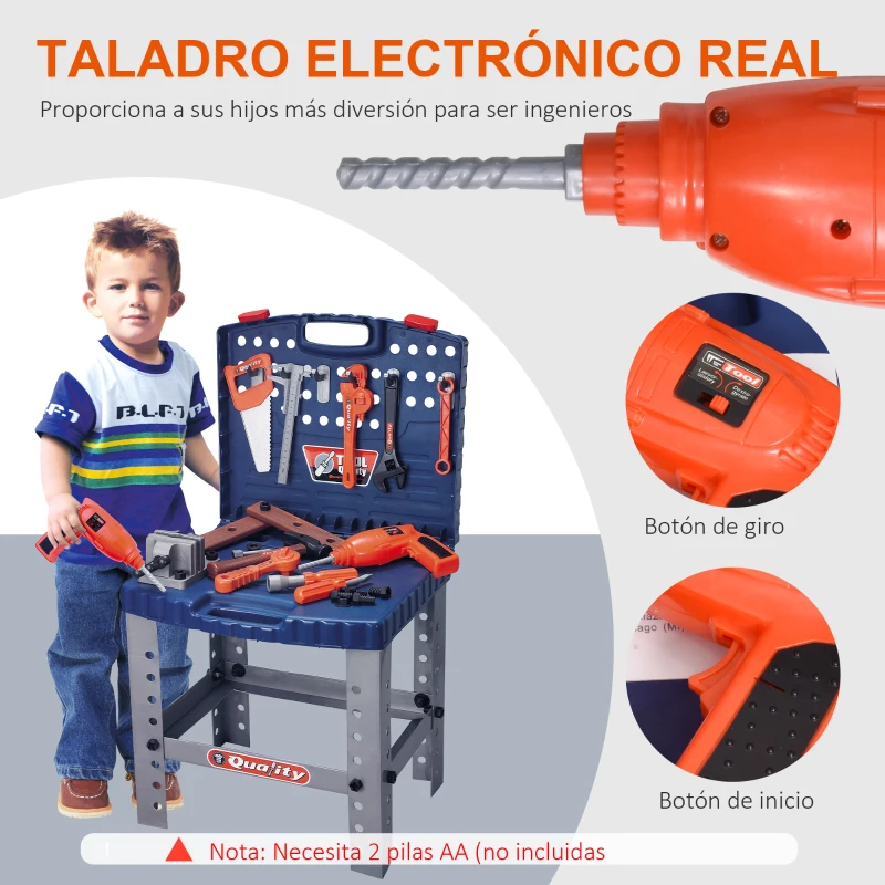 HOMCOM Banco de Herramientas para Niños +3 Años con 68 Piezas Desmontable Portátil Juego de Imitación con Maletín de Herramientas Taladro Martillo 40x43x72 cm Azul y Gris