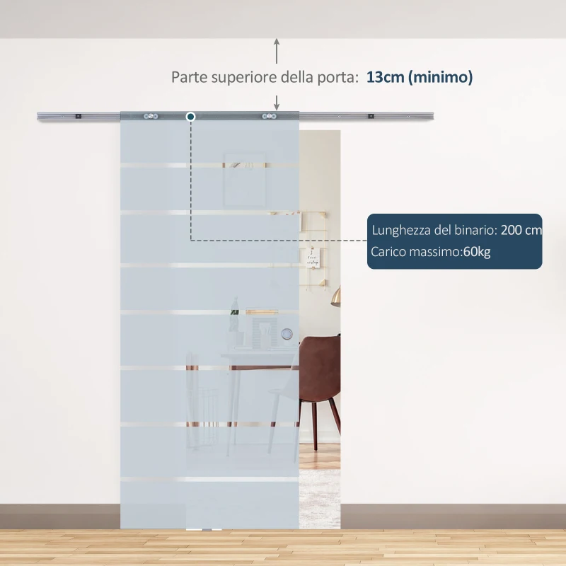 HOMCOM Porta Scorrevole Interna in Vetro Smerigliato e Satinato con Binario B3 in Alluminio per Bagno Cucina Studio Vetro 205x 90x 0,8cm