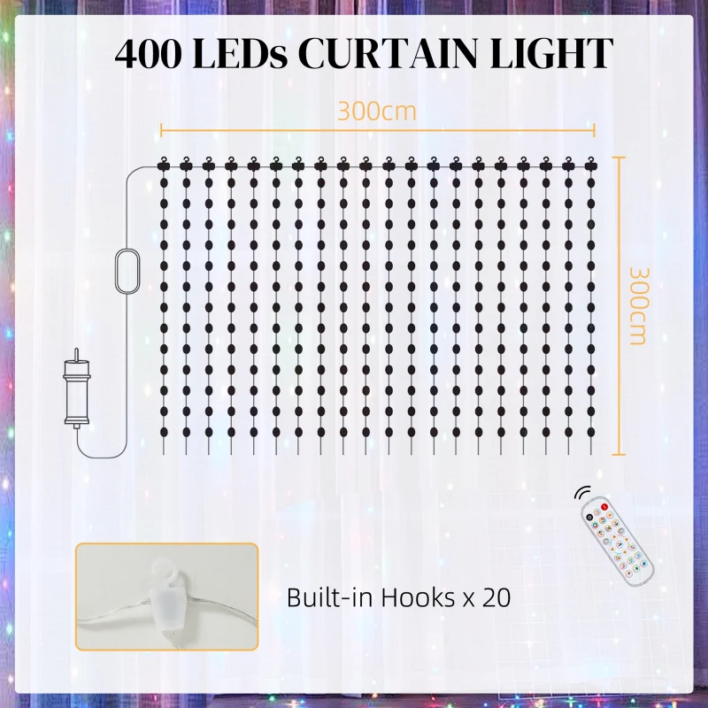 HOMCOM LED Curtain Lights, Smart Curtain Fairy Lights Plug In, Colour Changing Wall Lights with Remote, App, Dynamic DIY Hanging Window String Lights for Bedroom Living Room, 3x3(m), 400 RGBIC LED