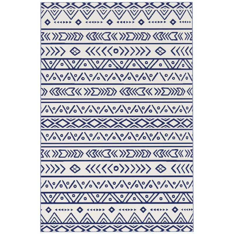 Outsunny Reversible Outdoor Rug with Carry Bag, Waterproof Plastic Straw Mat for Garden, Deck, RV, Picnic, Beach, Camping, 182 x 274cm, Dark Blue and White