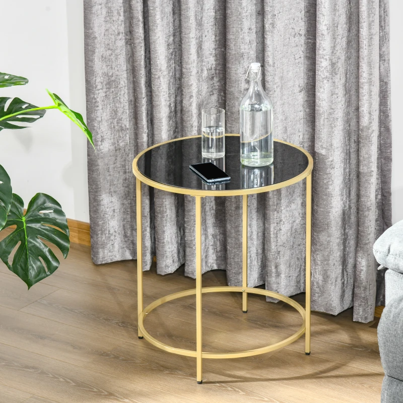 HOMCOM Round Side Table Morden Coffee Tables with Gold Metal Base, Table with Tempered Glass Tabletop, for Living Room, Bedroom, dining room