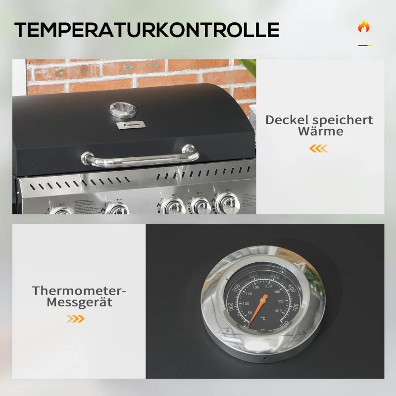 Outsunny Gasgrill BBQ-Grill, 4 Hauptbrenner, 1 Seitenkocher, 1 Warmhalteplatte; 135 x 53 x 101cm, Dunkelgrau