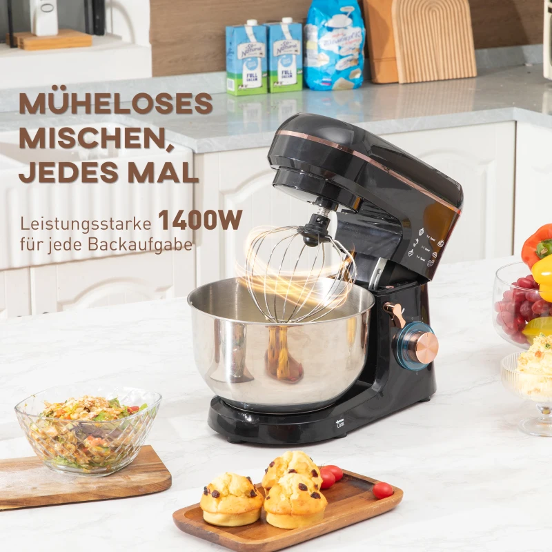 HOMCOM Mikser Stołowy, Robot Kuchenny, 6 Prędkości, 5,5L Misa ze Stali Nierdzewnej, Czarny