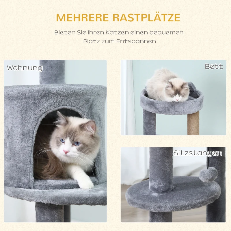 PawHut Katzenbaum 4-Stock Katzenhöhle Katzenhaus mit Spielbällen Sitzstange Sisalsäule und Kratzbrett groß stabil luxuriös Sisal Plüsch Grau 48x48x104 cm