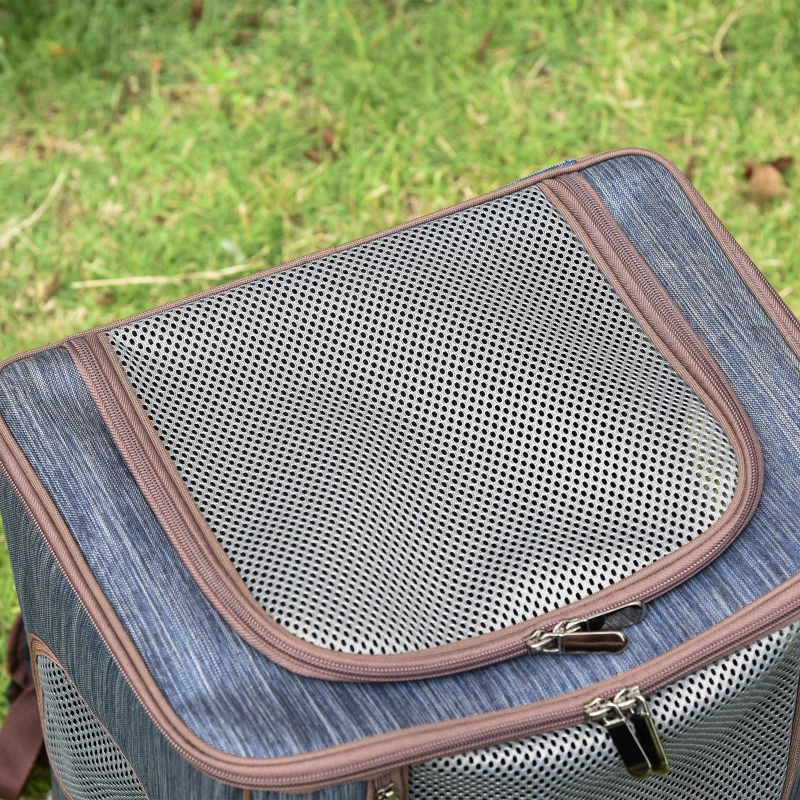 PawHut Zaino per Gatti Trasportino per Cani in Oxford, Cuscino Rimovibile e Lavabile, Inserti Rete Traspirante, 35x28.5x45cm, Blu Marrone