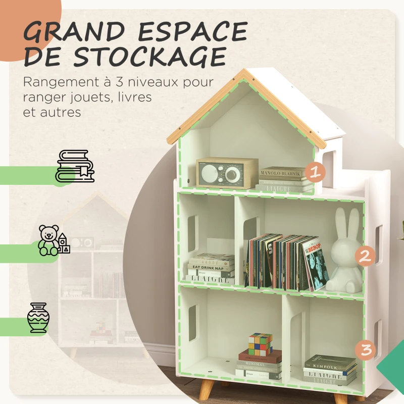 ZONEKIZ Étagère de rangement pour jouet enfant et livres forme de maison 3 niveaux  65 x 25 x 108,5 cm blanc et naturel
