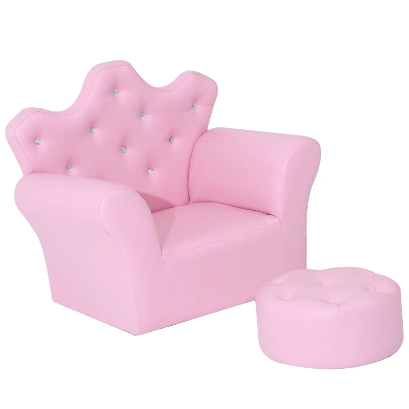 HOMCOM Ensemble Fauteuil et Pouf Enfant Design Couronne de Princesse - Dossier et Assise Pouf avec Boutons Strass Aspect Cristaux - Structure Bois revêtement synthétique PVC Rose