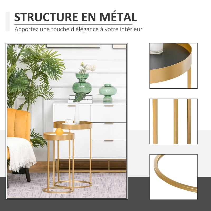 HOMCOM Tables gigognes Lot de 2 Tables Basses Rondes Design Style Art déco Ø 39 et Ø 30 cm métal doré MDF Blanc et Noir