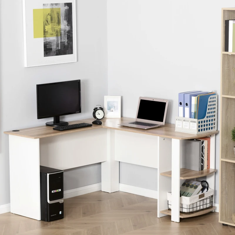 HOMCOM Bureau informatique bureau d'angle contemporain avec étagères en panneaux de particules idéal pour maison dortoir 136 x 130 x 72 cm bicolore imitation noyer clair blanc