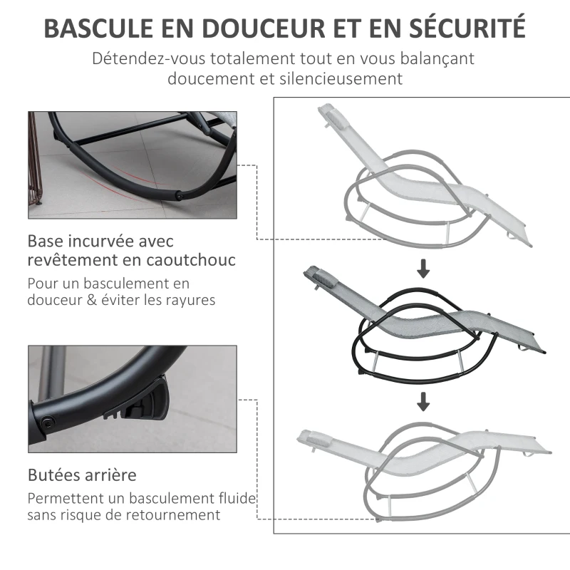Outsunny Chaise longue à bascule rocking chair ergonomique avec tétière amovible accoudoirs et repose-pieds revêtement texitlène
