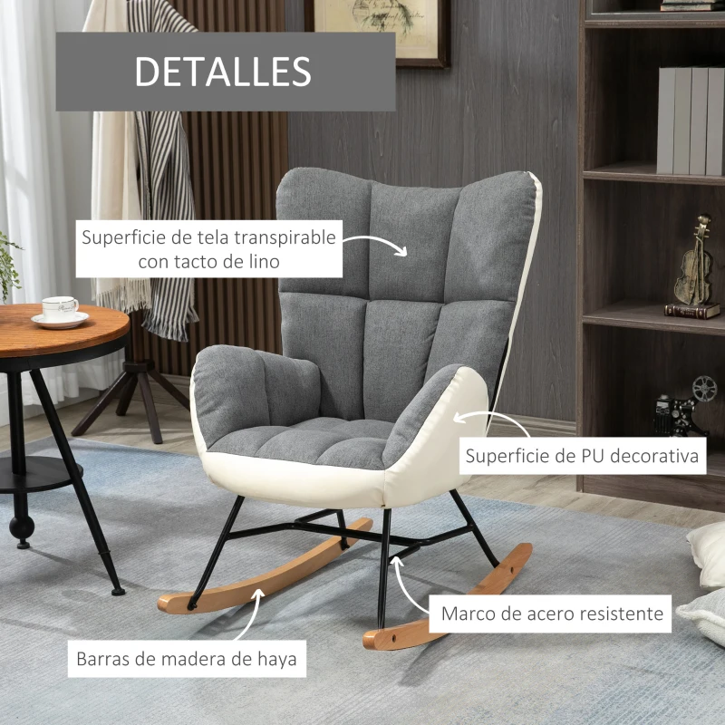 HOMCOM Silla Mecedora Tapizada en Lino y Cuero Sillón Balancín Relax con Asiento Acolchado y Reposabrazos 42x46x47 cm Gris