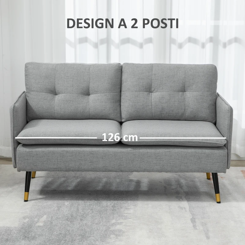 HOMCOM Divano 2 Posti in Tessuto con Cuscini Imbottiti e Gambe in Acciaio 139x68x80cm, Grigio